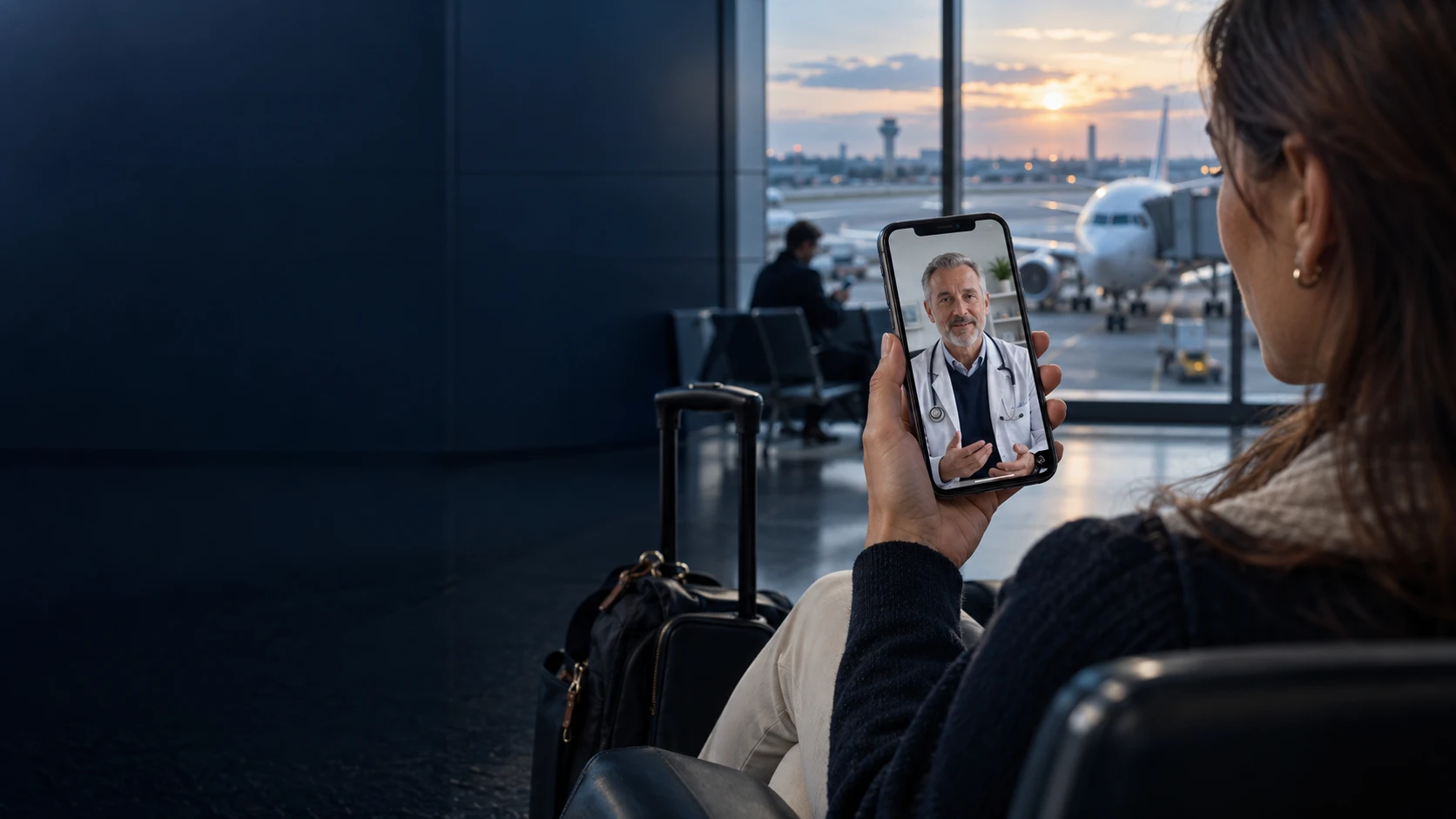 Una viaggiatrice in aeroporto consulta un medico a distanza dal telefono
