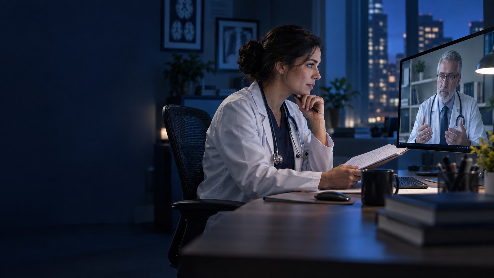 A doctor discusses a case with a colleague by video