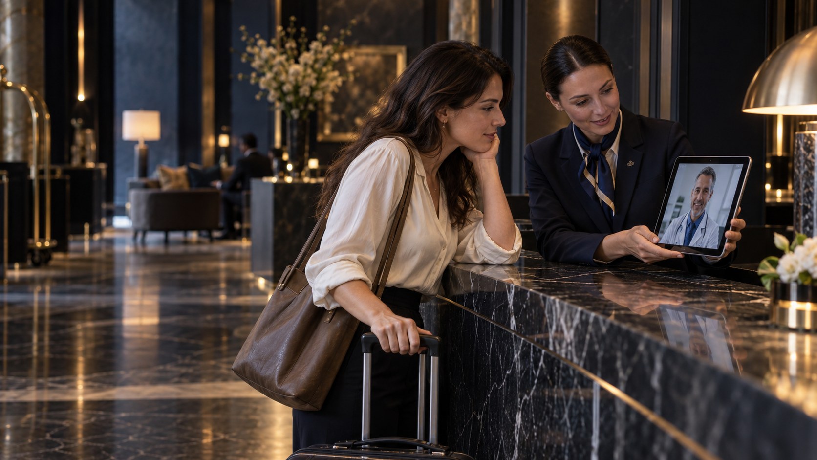 Reception helps a guest access a video consultation