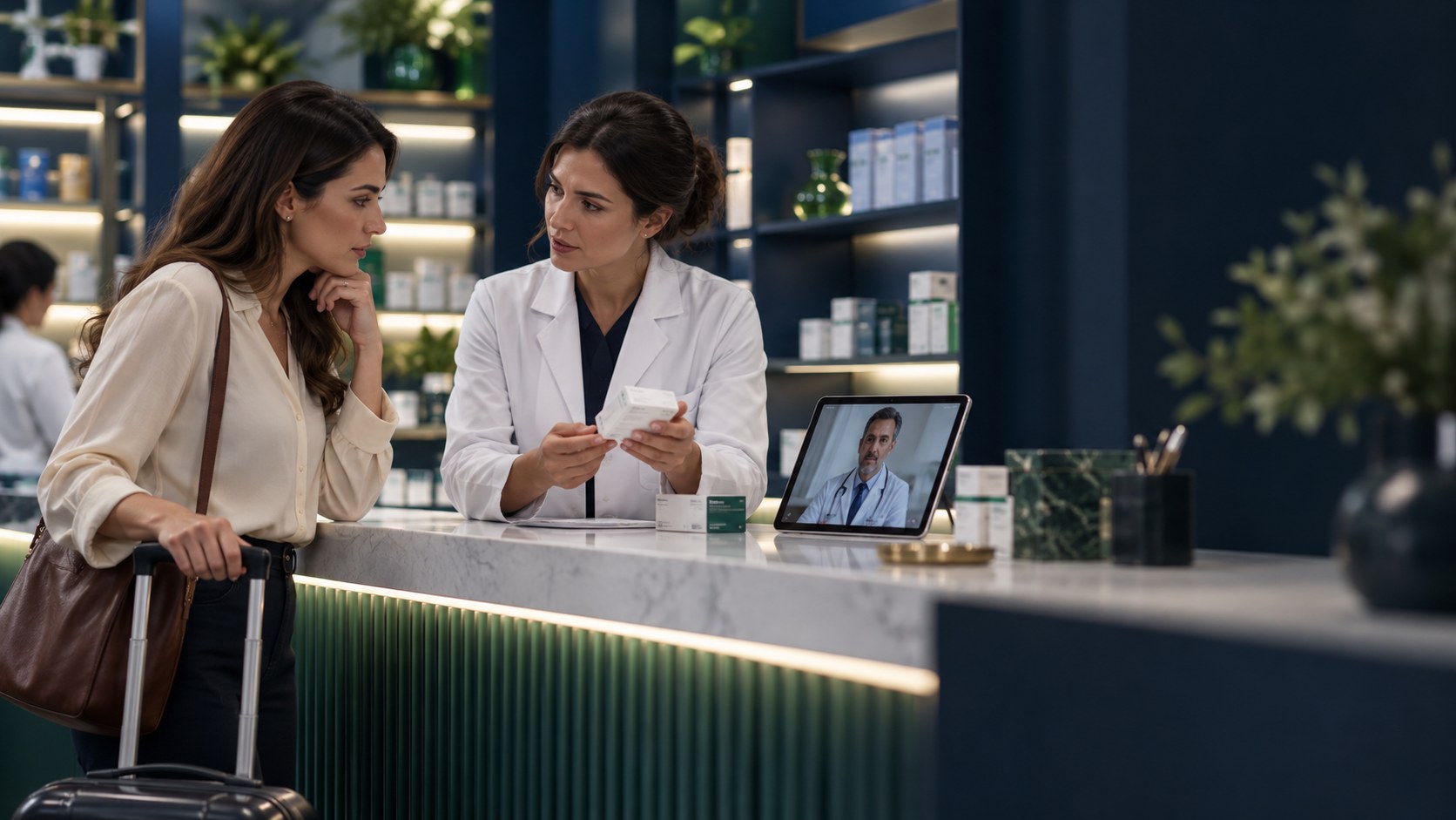 A pharmacist assists a traveller with a doctor on a video call